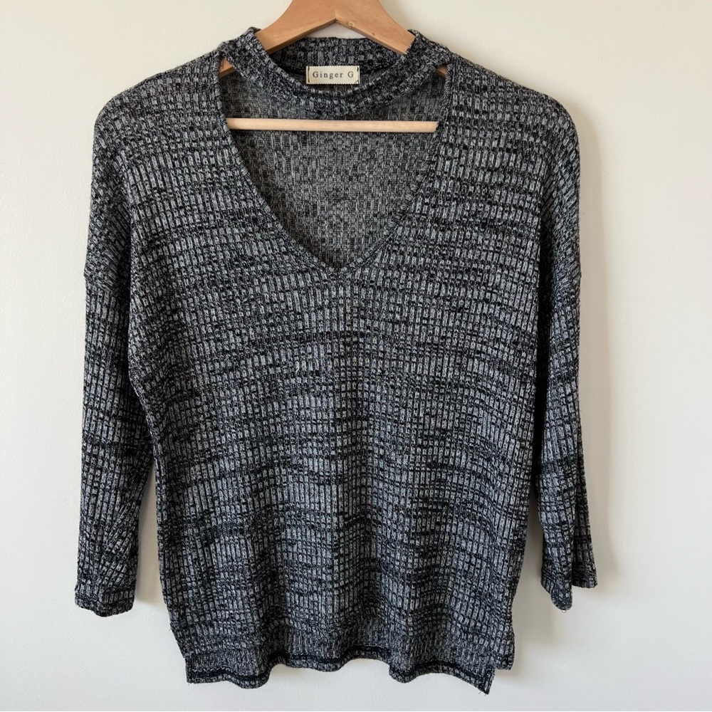 Ginger G Choker Cutout Deep V-neck Marled Space Dye Rib Knit Grey Top